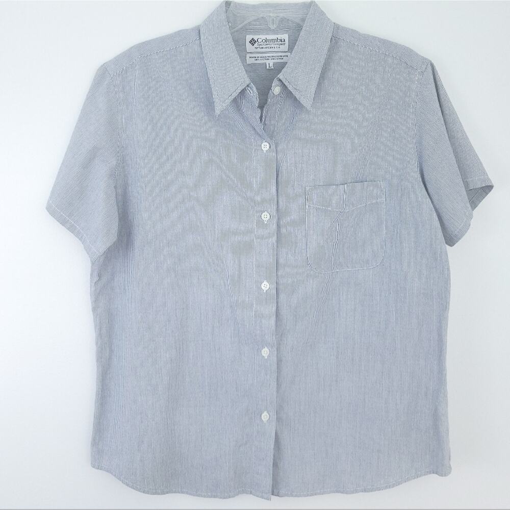 Columbia Short Sleeve Button Up Shirt Women Large, Cotton Stripe Top Hiking - Picture 6 of 6